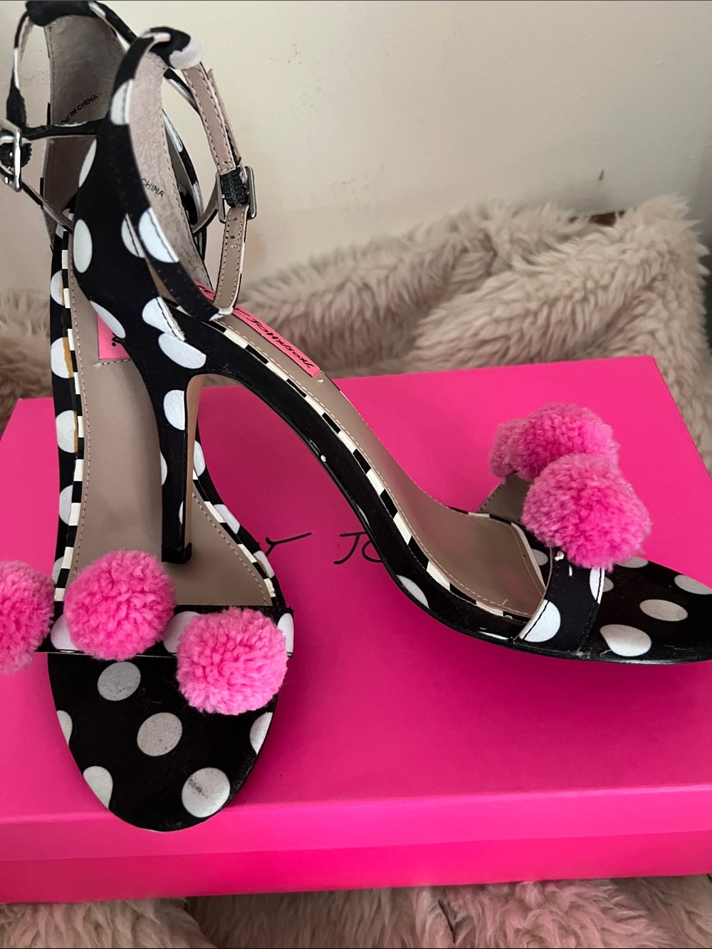 BETSEY JOHNSON Polka Dot High Heel Sandals with Pink Pom Poms